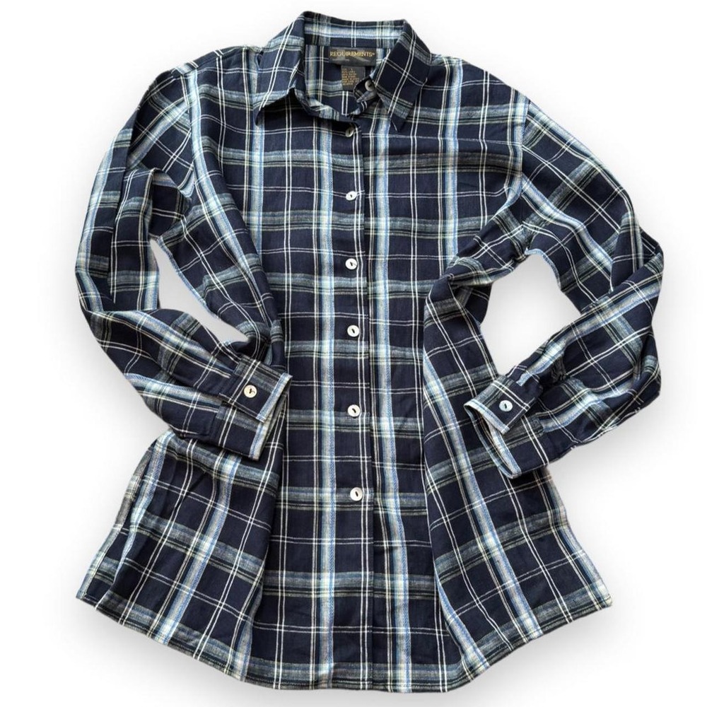 Vintage 90s Requirements Linen Blend Plaid Button Up Tunic, Women's Size S